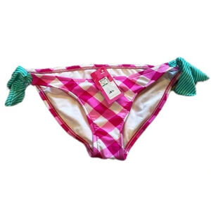 Bright Pink medium plaid swim bottoms with teal blue tie sides NWT​